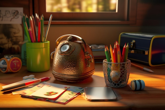 A desk with a pot of pencils and a pencil holder on it