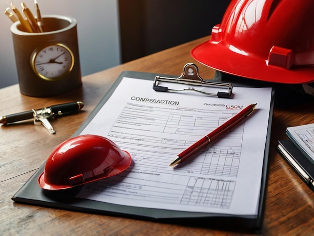 Photo a desk with a red hat and a clock on it