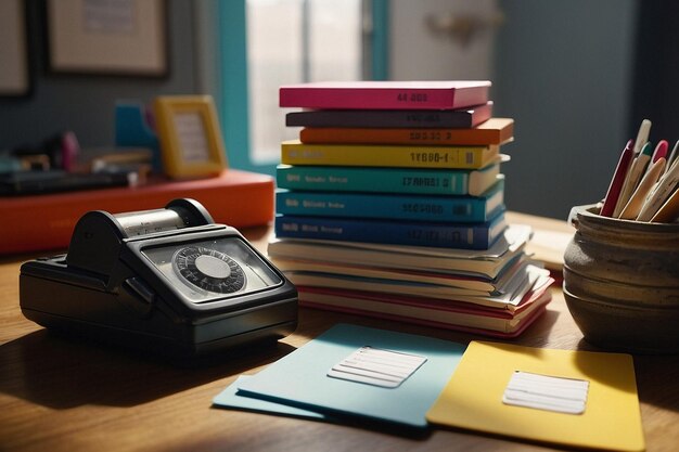 Photo a desk with a stack of flashcards and a timer