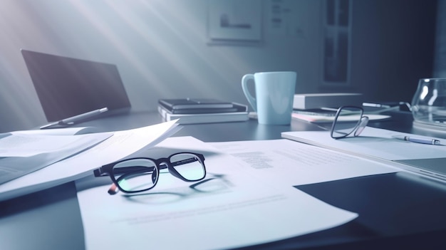 A desk with a stack of papers and glasses on it