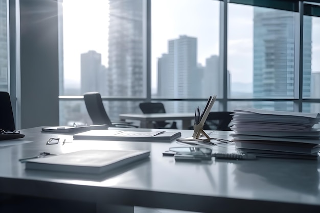 A desk with a stack of papers on it and a city in the background