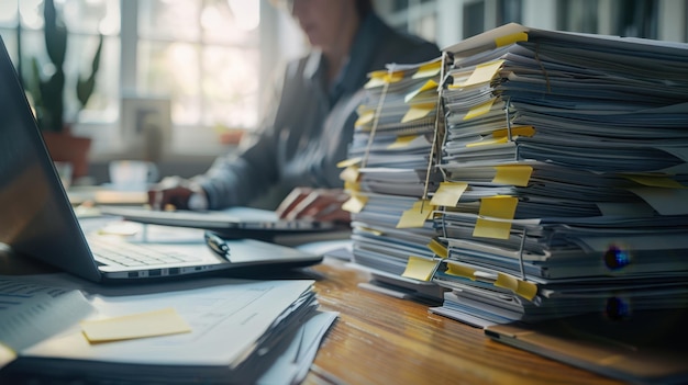 The desk with stacked files