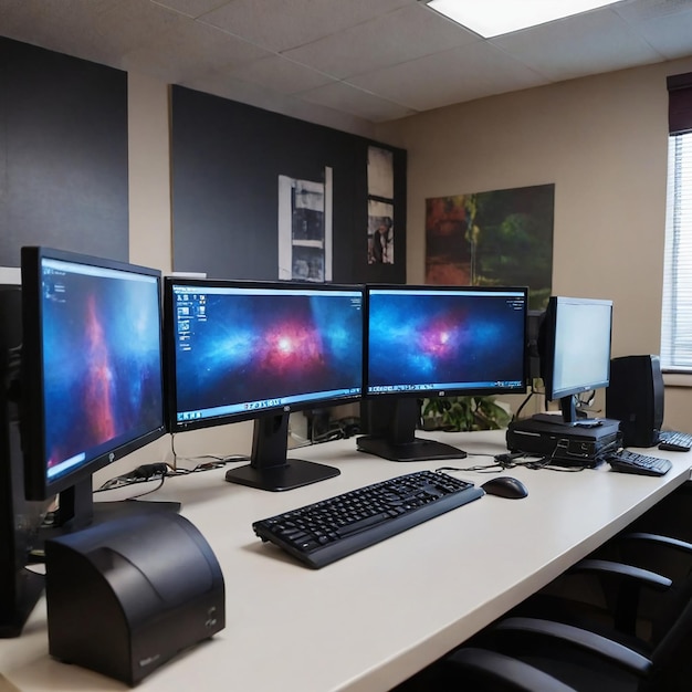 Photo desk with three monitors and one black keyboard