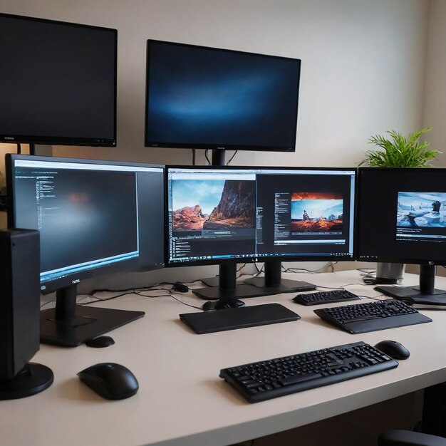 Photo desk with three monitors and one black keyboard