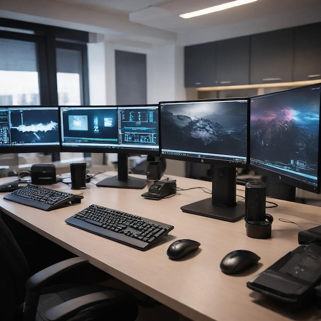 Photo desk with three monitors and one black keyboard