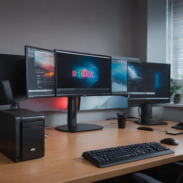 Photo desk with three monitors and one black keyboard