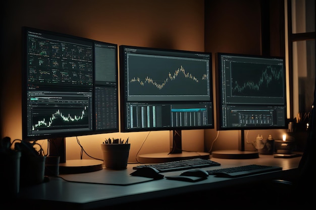 A desk with three monitors with a graph on the left side.