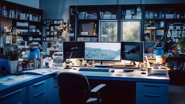 A desk with two monitors and a desk with a laptop on it.