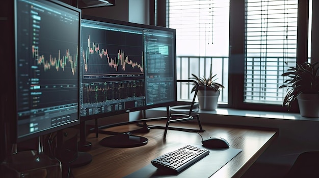 A desk with two monitors and a keyboard on it.