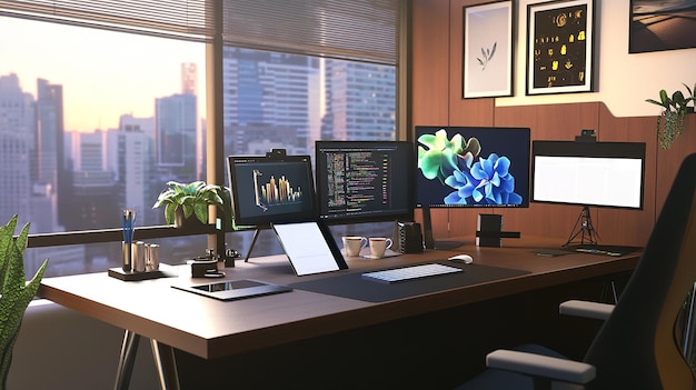 Photo a desk with two monitors and a laptop on it