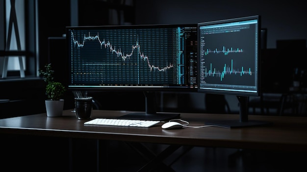 A desk with two monitors with a chart on the left side