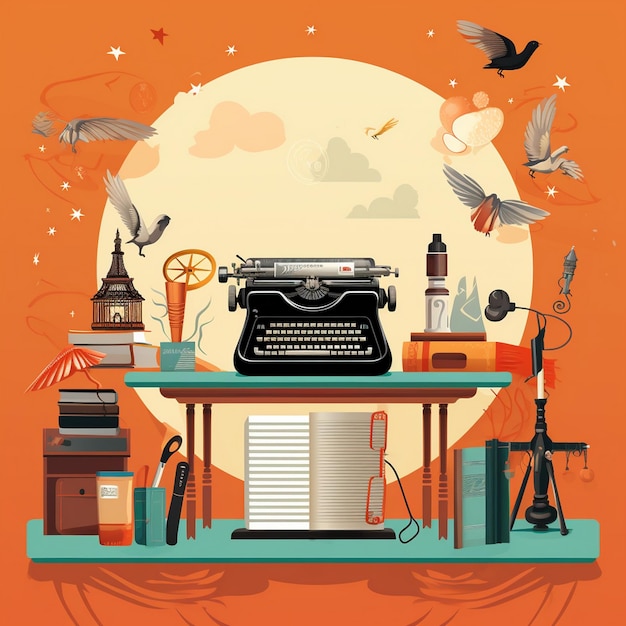 Photo a desk with a typewriter and birds on it