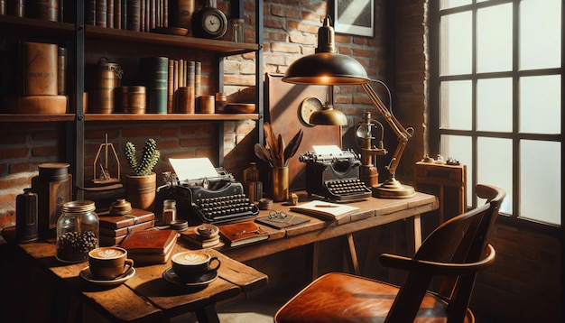 A desk with a typewriter a lamp a lamp shade and a