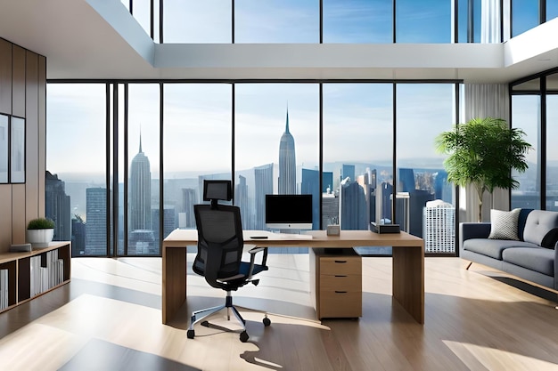 A desk with a view of the city skyline