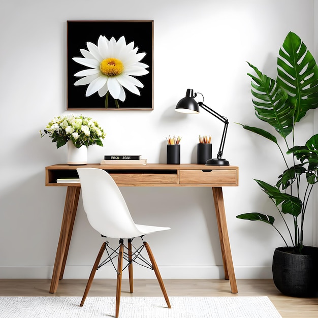 Photo a desk with a white chair and a flower on it