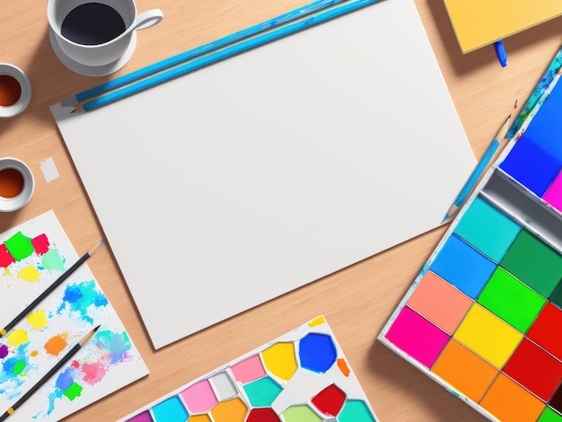 A desk with a white sheet of paper, a cup of coffee, a box of paint, and a pencil.