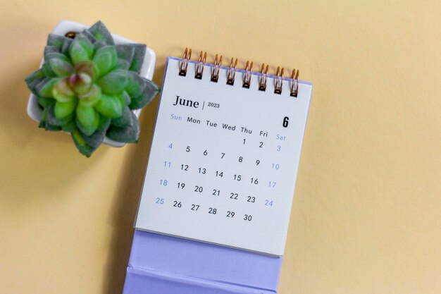 Desktop calendar for June 2023 on a yellow background