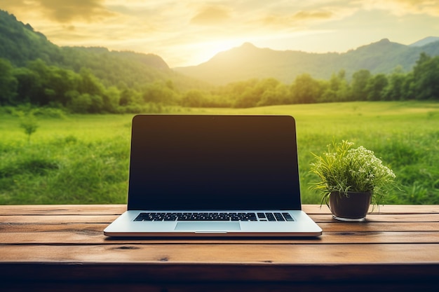 Desktop computer on a desk with a rural countryside view 00