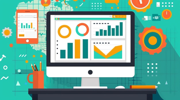 Desktop Computer Displaying Data Analysis Charts and Graphs