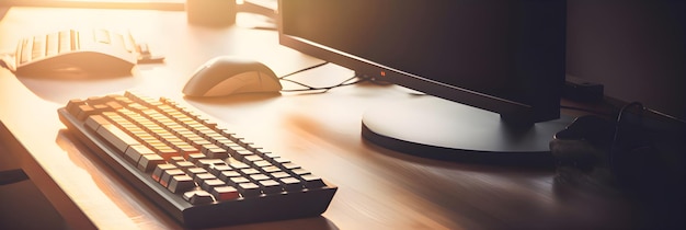 Desktop computer keyboard and mouse in the Creative Modern Office sunset light fron the window AI generated