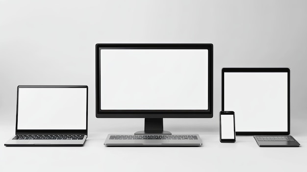 Photo a desktop computer laptop tablet and smartphone with blank screens