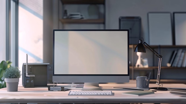 Photo desktop computer screen isolated with office tools on a desk showcasing a modern creative