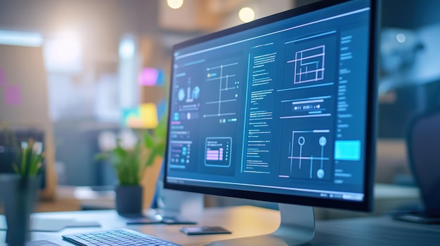 Photo desktop computer with a blue screen displaying code and charts
