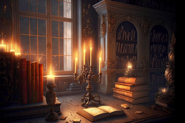 Desktop in library concept with books and candles in candlestick created with generative ai