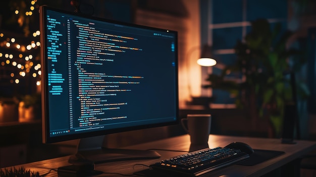 Desktop monitor displaying code in a cozy home office with glowing ambient lights focus on remote