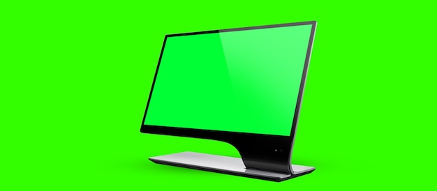 Desktop or pc blank screen template Computer open view empty green screen on bright green color background banner copy space 3d illustration