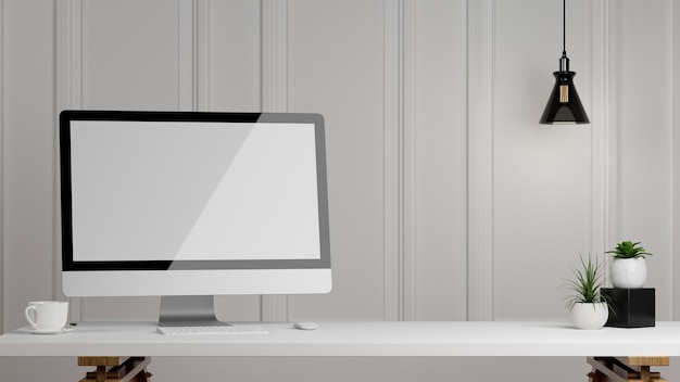 Desktop pc computer blank screen mockup on modern working desk over white wallpaper 3d render