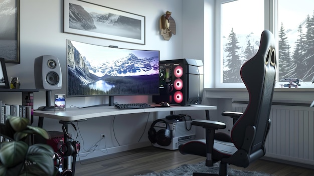 Photo desktop pc setup high end gaming or editing computer with rgb lights modern gaming setup high qualit