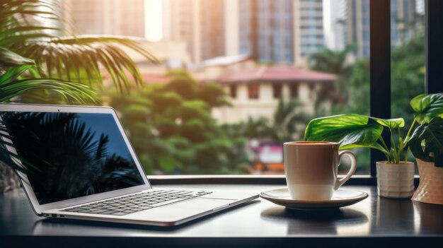 Desktop with laptop coffee cup and houseplant in front of a window in a big city with morning sunlight Generative AI