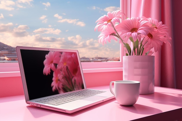 desktop with laptop coffee mug notepad stationery flower in pot window bright pink