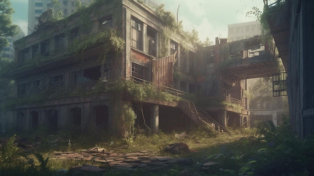 Desolate and abandoned buildings digital art illustration Generative AI