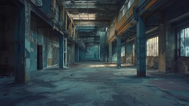 Desolate Abandoned Factory Interior with Many Windows