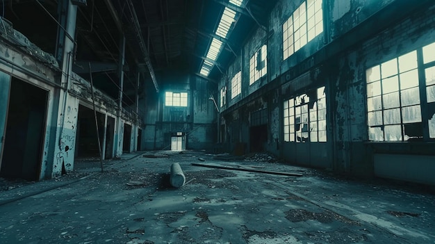 Desolate Abandoned Factory Interior with Windows and Debris on the Ground