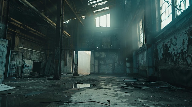 Desolate Abandoned Factory Interior with Windows and Debris