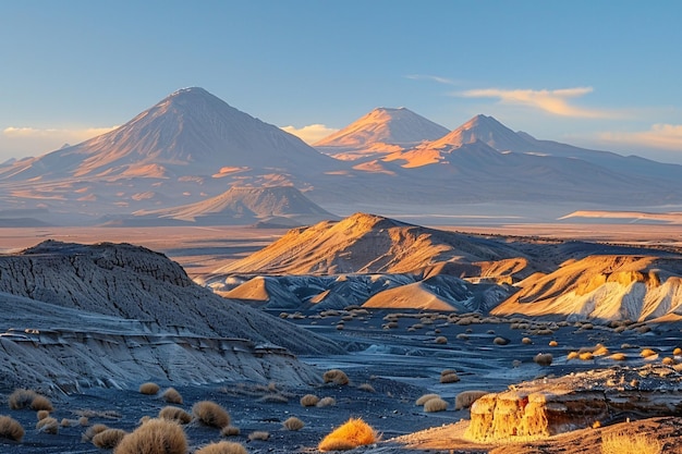 Photo a desolate arid terrain with jagged wornout peaks and faraway ranges against a cloudless sky