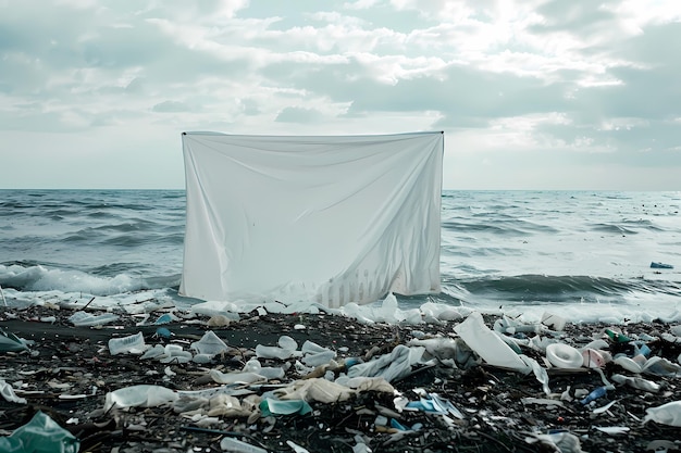 A desolate coastline littered with plastic debris a prominent white banner cries out for change