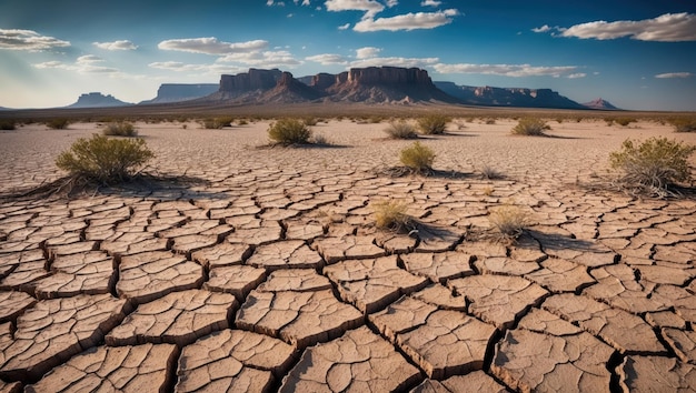 Photo desolate desert landscape with cracked earth and sparse vegetation under expansive sky