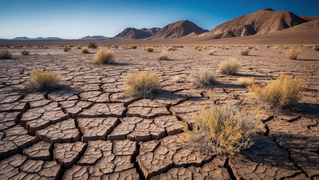 Photo desolate desert landscape with cracked earth and sparse vegetation under expansive sky