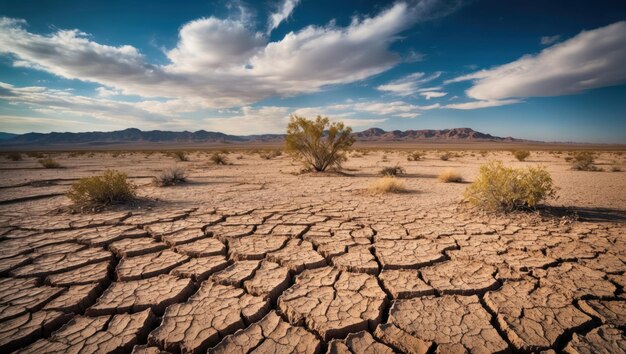 Photo desolate desert landscape with cracked earth and sparse vegetation under expansive sky