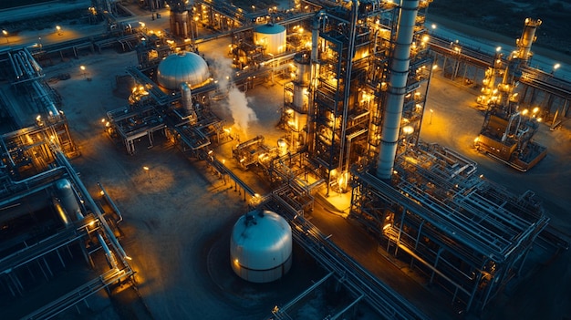 Photo desolate desert landscape with massive oil extraction machinery illuminated in rich twilight colors