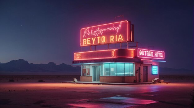 Desolate Gas Station with Neon Sign in The Middle of The Dessert