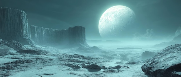 Photo a desolate icy alien landscape under a glowing moon