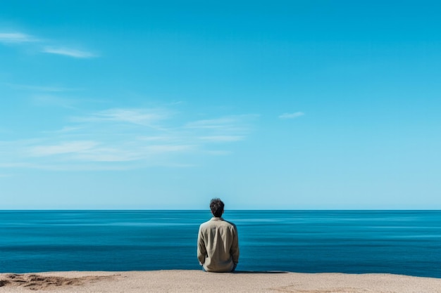 Desolate individual gazing out to sea isolated on a blue gradient background