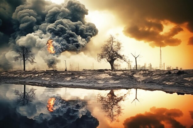 A desolate landscape reflecting a fiery smokefilled sky a stark visual representation of the environmental devastation caused by resource extraction