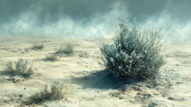 Photo desolate landscape with dry bushes under misty skies