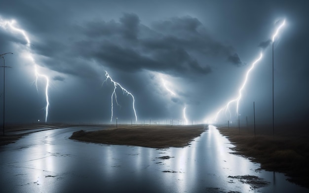 Desolate road thunderstorm falling on a road surrounded by fog bad weather